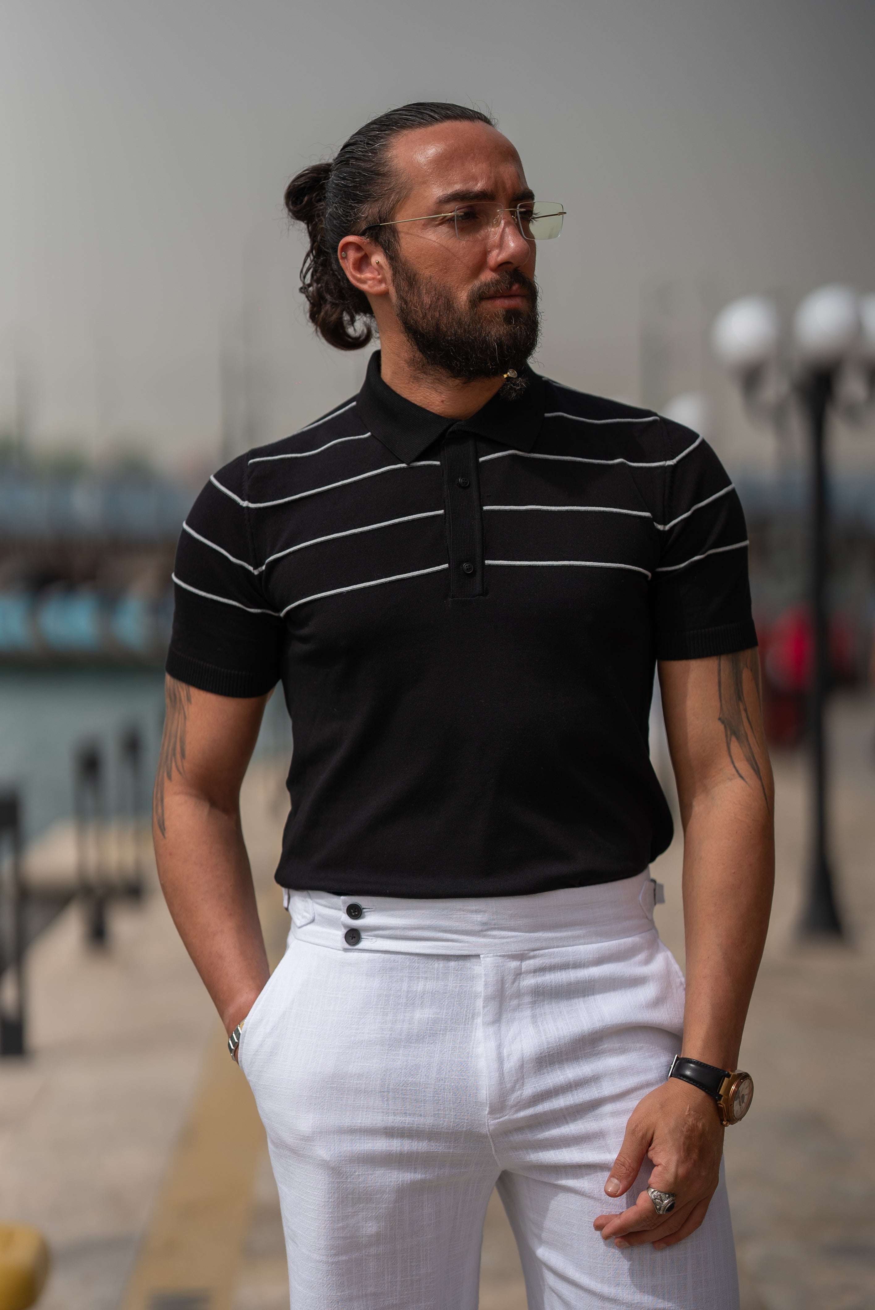 Bojoni Doral Slim Fit Striped Black Polo Shirt