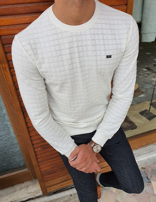 Elko White Slim Fit Crew Neck Patterned Sweater Bojoni