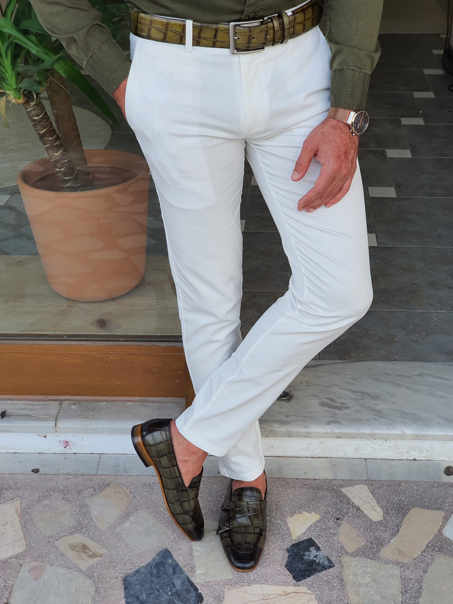 Bastoni White Slim Fit Cotton Pants