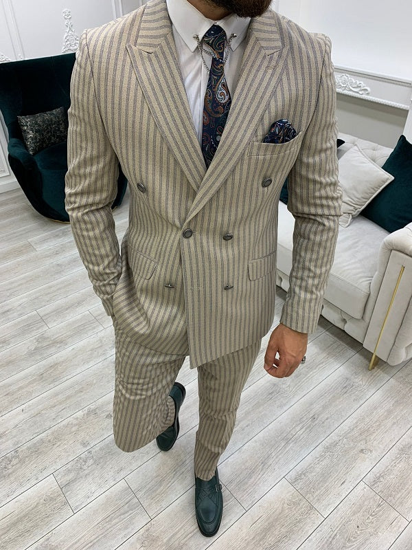 Varteni Cream Slim Fit Peak Lapel Double Breasted Striped Suit Bojoni