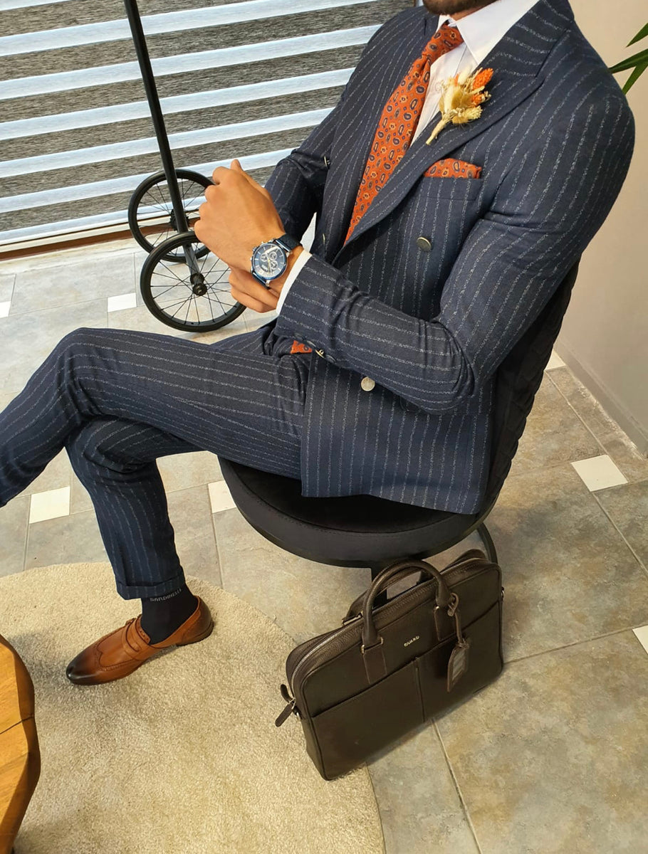 Boston Navy Blue Slim Fit Double Breasted Pinstripe Suit