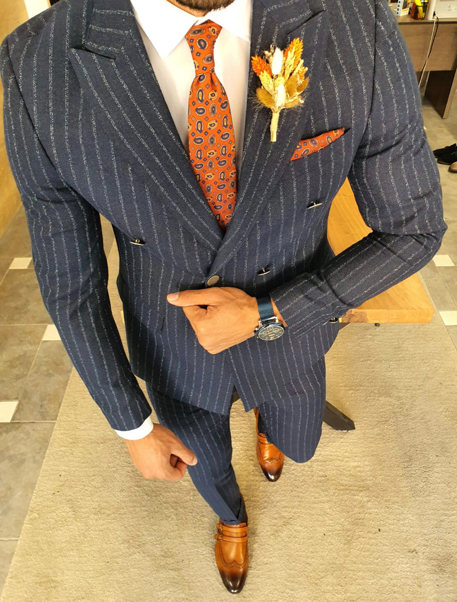 Genova Navy Blue Slim Fit Pinstripe Double Breasted Suit | BOJONI