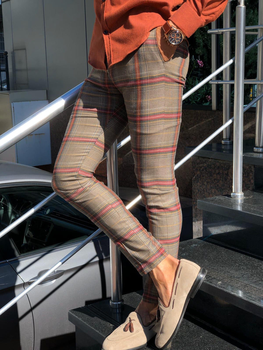 Petic Slim-Fit Plaid Pants Beige | BOJONI