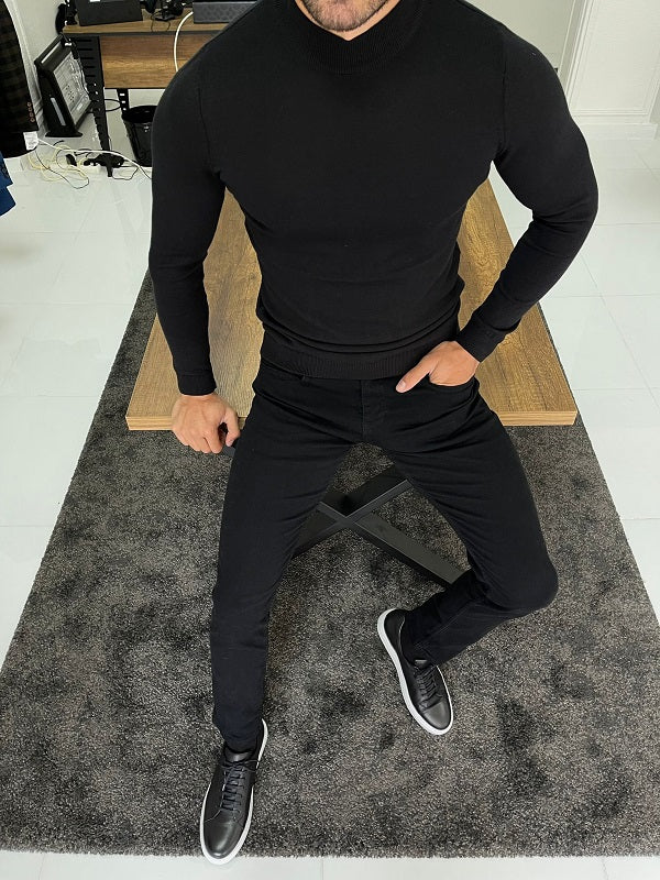 Casani Black Slim Fit Mock Turtleneck Sweater Bojoni