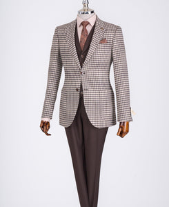 Bojoni Chicago Slim Fit Checked Light Brown Suit