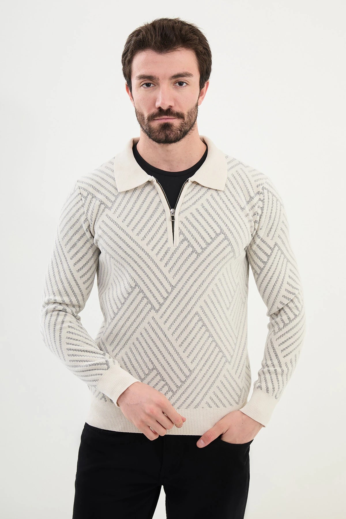 Bojoni Omaha Knitwear Polo Zippered Collar Ecru Sweater