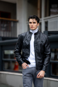 Bojoni Omaha Slim Fit Black  Leather Wrined Jacket