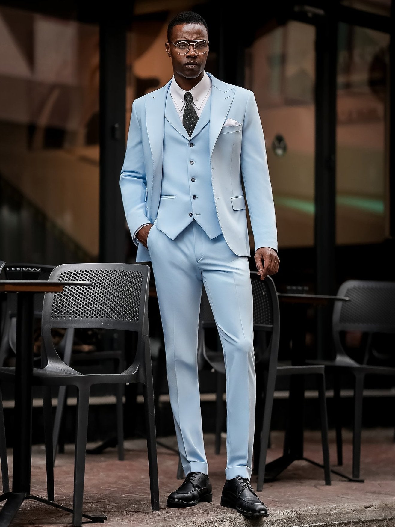 Sky-Blue Slim-Fit Suit 3-Piece