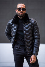 Load image into Gallery viewer, Bojoni Matera Slim Fit Black Self-Printed Fur Detail Coat
