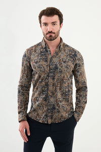 Bojoni Capena Patterned Slim Fit Beige Shirt