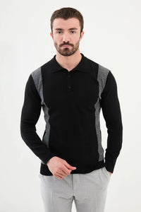 Bojoni Capena Pieced Slim Fit Polo Collar Black Knitwear Sweater