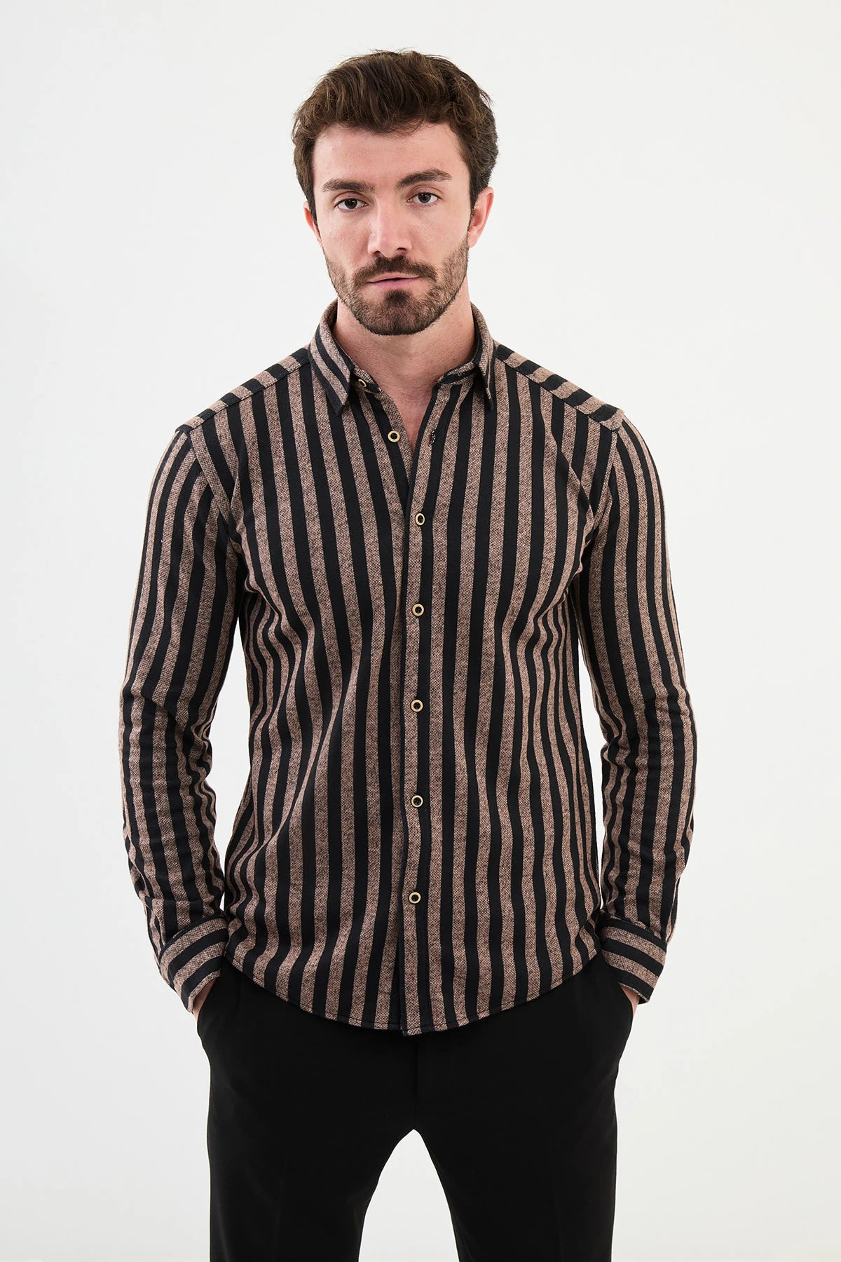 Bojoni Capena Striped Slim Fit Biege Shirt