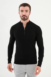 Bojoni Capena Textured Slim Fit Zippered Half Turtleneck Black Knitwear Sweater