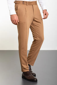 Bojoni Omaha Straight Slim Fit Pleated Belt Detailed Buckle Camel Trousers