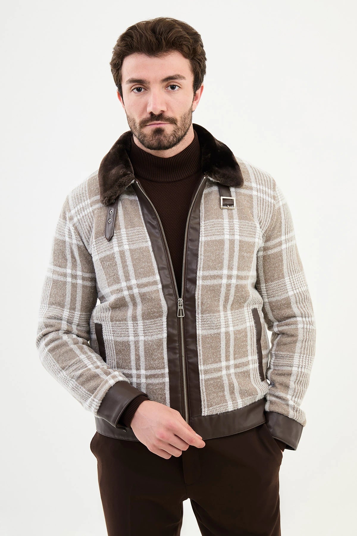 Bojoni Capena Beige Fur Plaid Slim Fit Coat