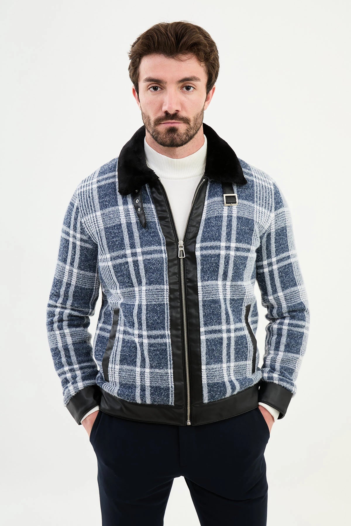 Bojoni Capena Blue Fur Plaid Slim Fit Coat