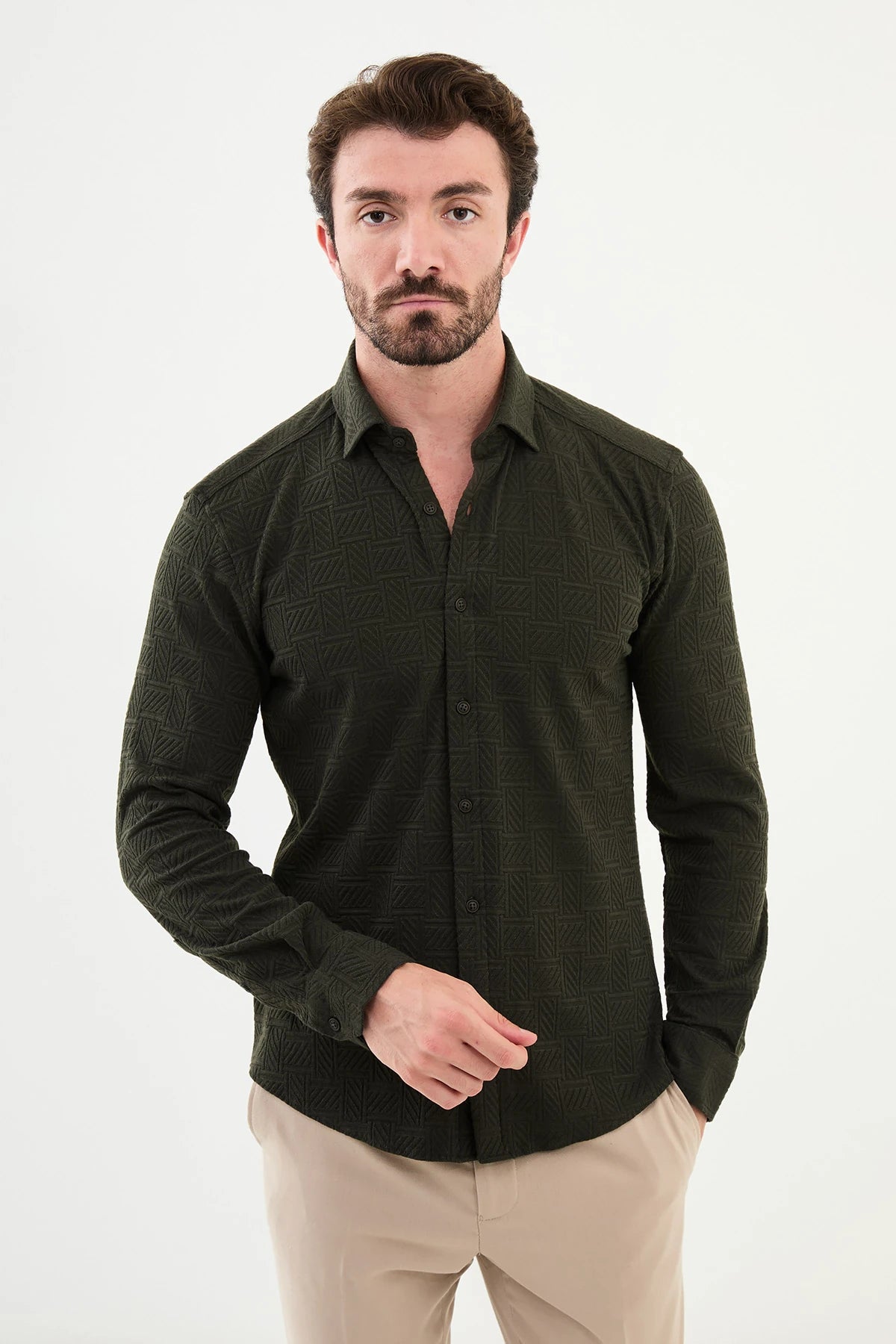 Bojoni Capena Long Sleeve Slim Fit Khaki Shirt