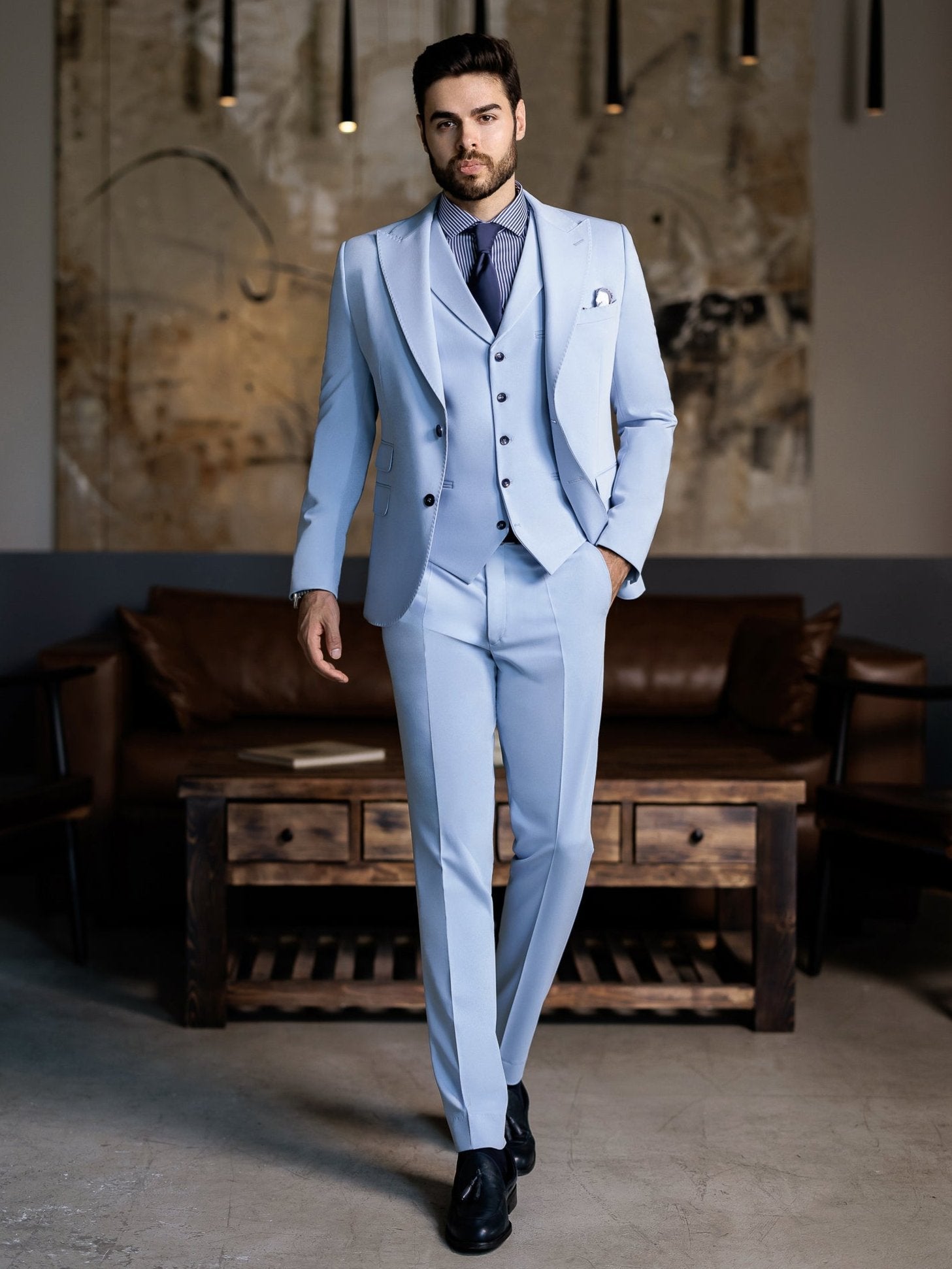 Sky-Blue Slim-Fit Suit 3-Piece