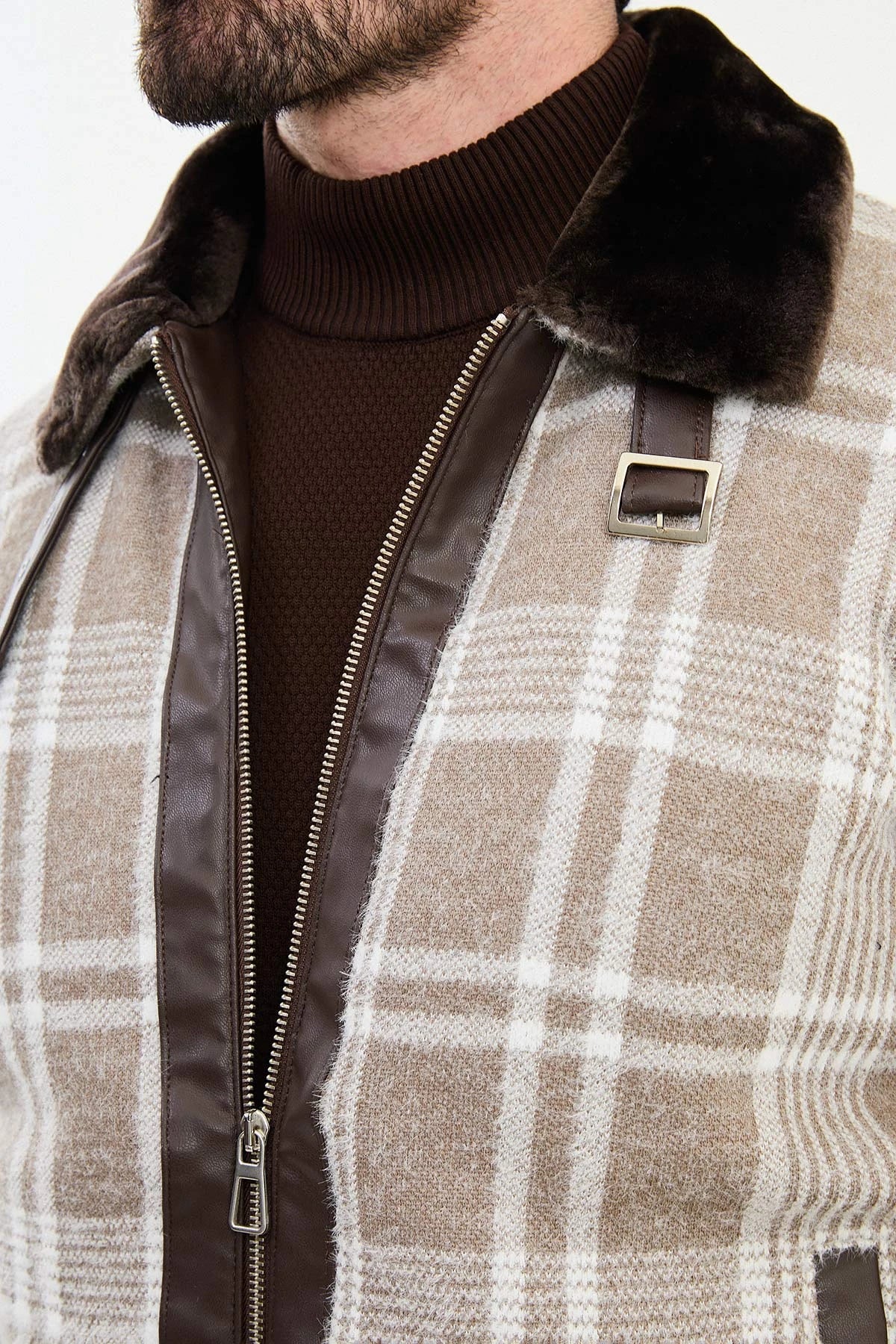 Bojoni Capena Beige Fur Plaid Slim Fit Coat