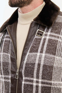 Bojoni Capena Brown Ecru Fur Plaid Slim Fit Coat