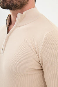 Bojoni Capena Textured Slim Fit Zippered Half Turtleneck Beige Knitwear Sweater