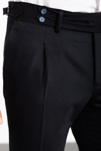 Bojoni Omaha Straight Slim Fit Pleated Belt Detailed Buckle Navy Blue Trousers