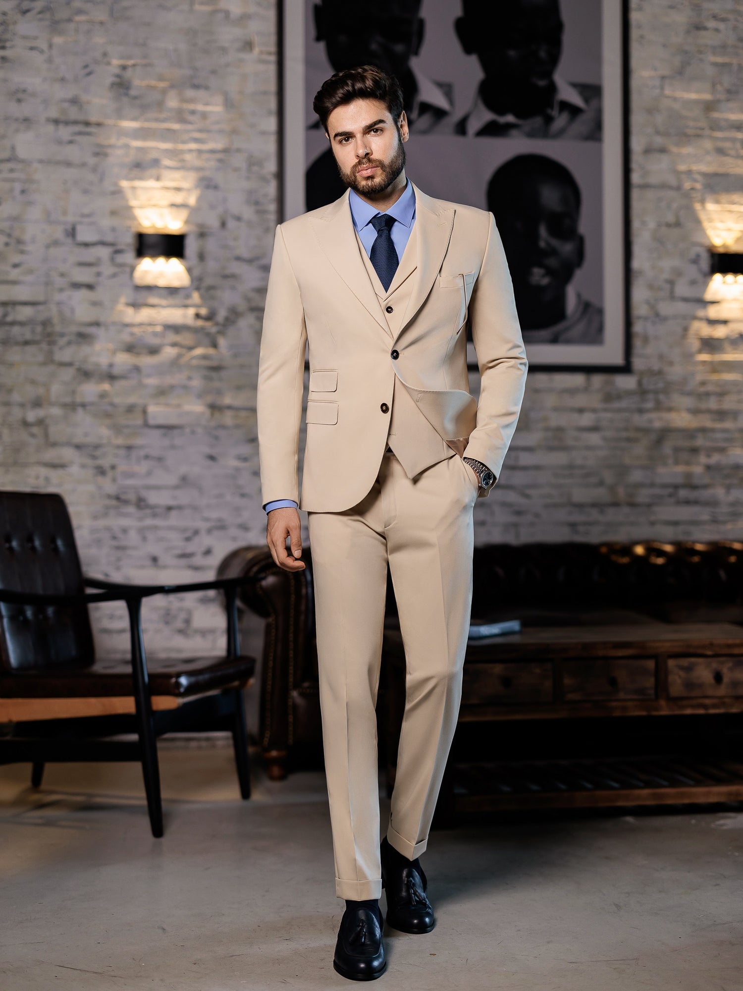 Beige Slim-Fit Suit 3-Piece