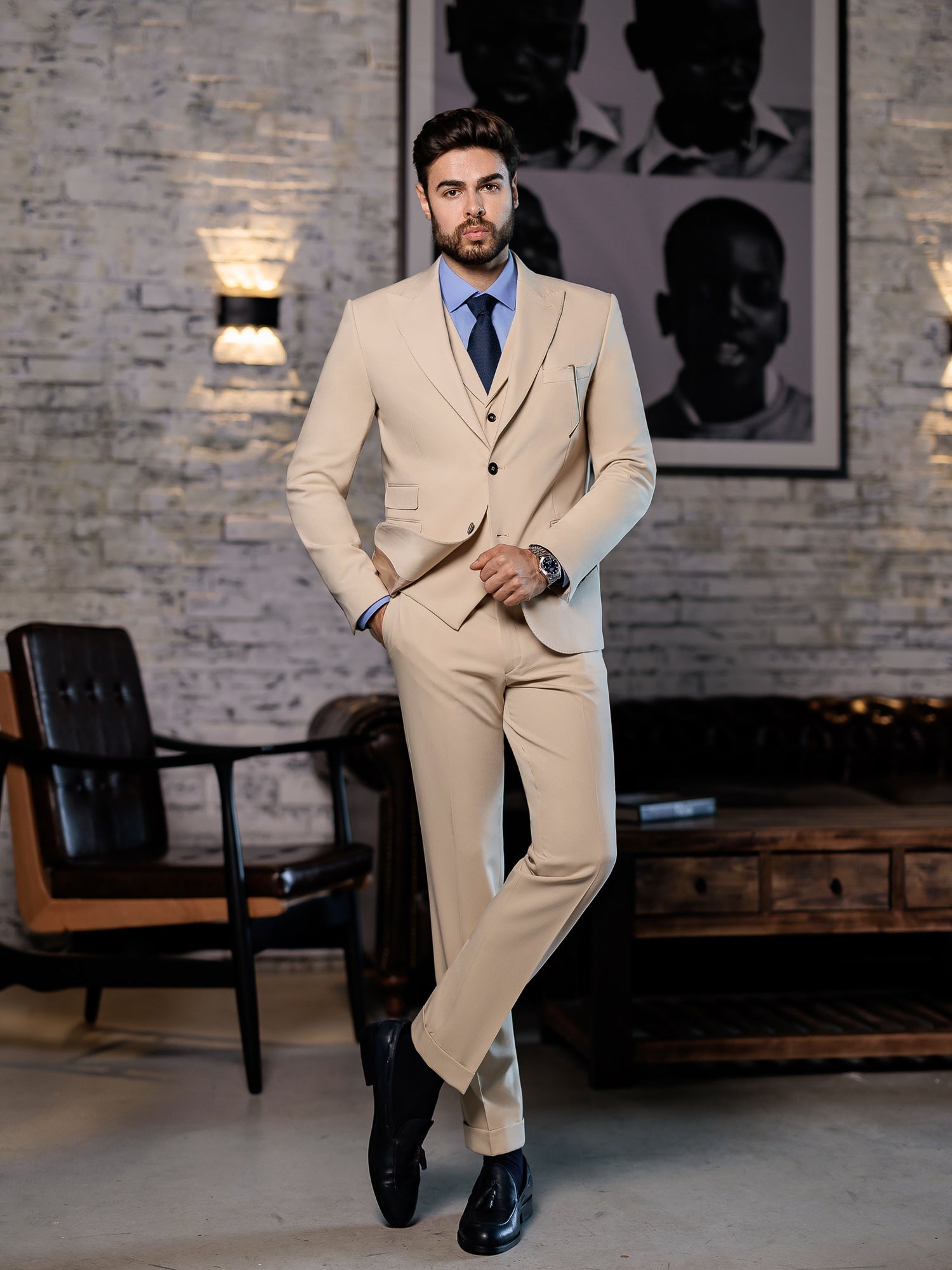 Beige Slim-Fit Suit 3-Piece