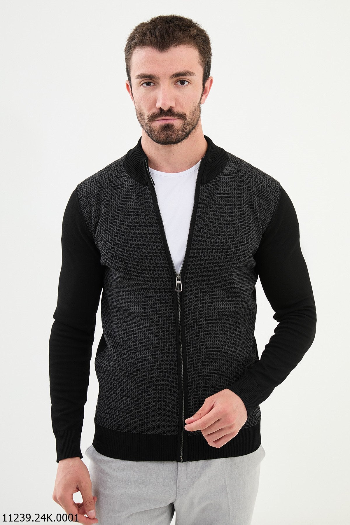 Bojoni Chicago Slim Fit Black Knitwear Zipper Sweater