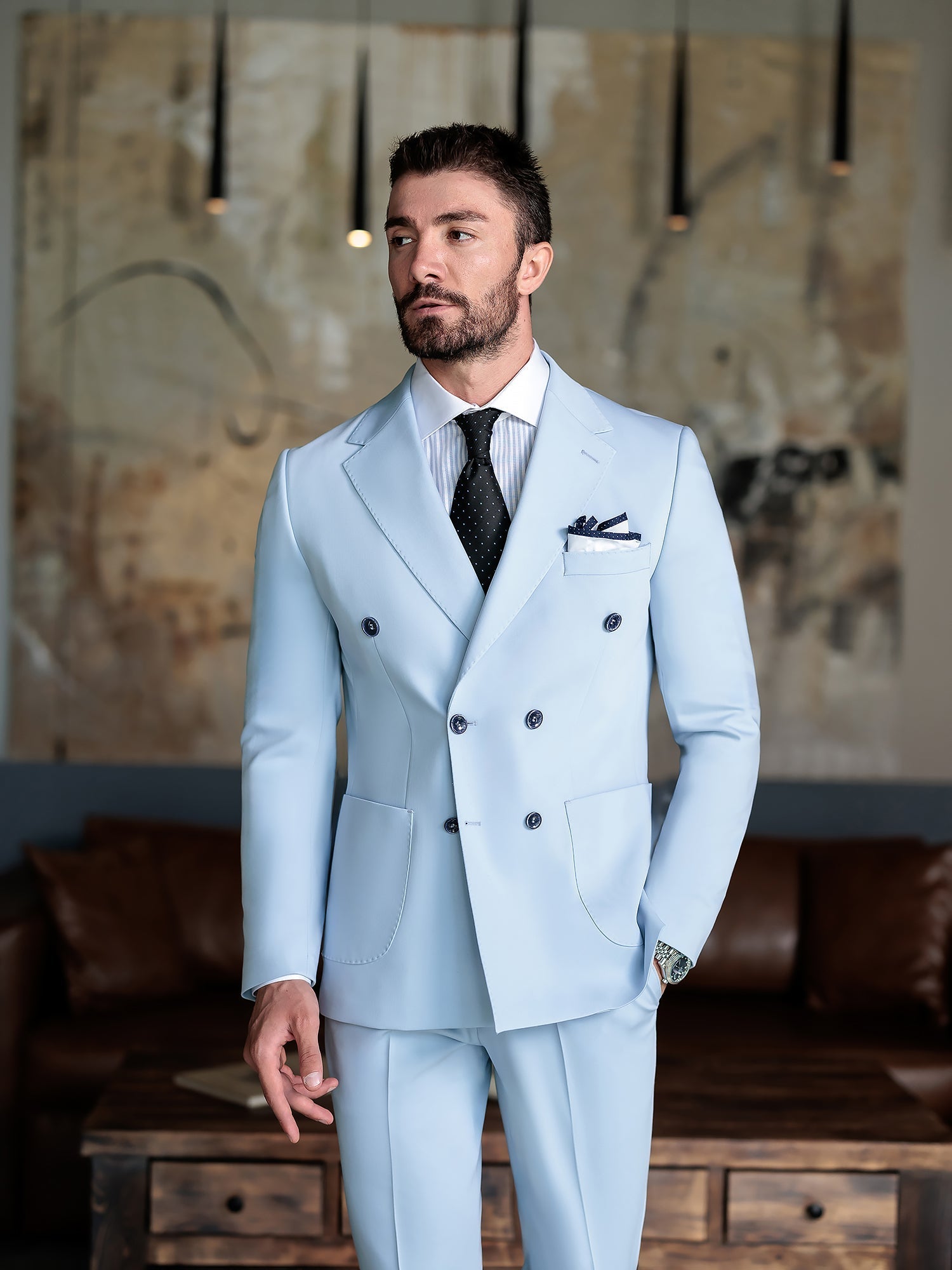 Sky-Blue Double Breasted Suit 2-Piece