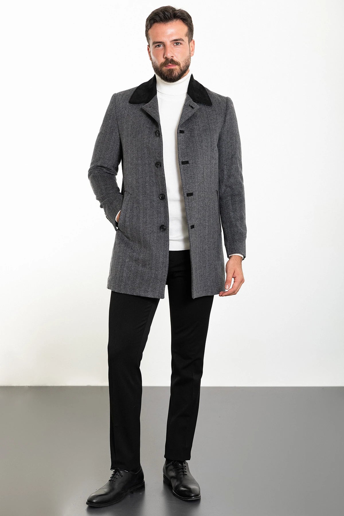 Bojoni Capena Patterned Slim Fit Collar Detailed Stamped  Gray Coat