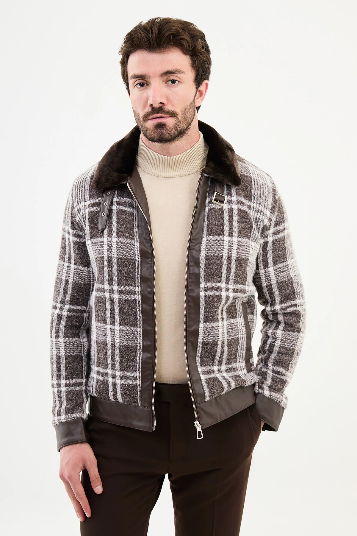 Bojoni Capena Brown Ecru Fur Plaid Slim Fit Coat