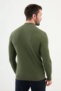 Bojoni Capena Textured Slim Fit Zippered Half Turtleneck Khaki Knitwear Sweater