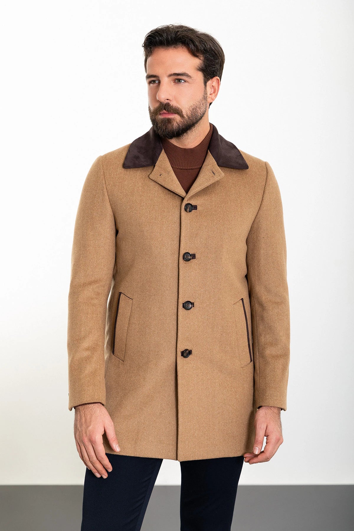 Bojoni Capena Patterned Slim Fit Collar Detailed Stamped  Camel Coat