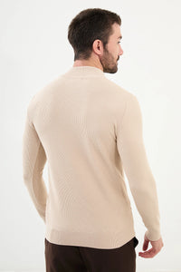 Bojoni Capena Textured Slim Fit Zippered Half Turtleneck Beige Knitwear Sweater