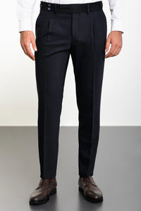 Bojoni Omaha Straight Slim Fit Pleated Belt Detailed Buckle Navy Blue Trousers