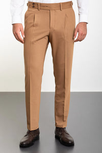 Bojoni Omaha Straight Slim Fit Pleated Belt Detailed Buckle Camel Trousers