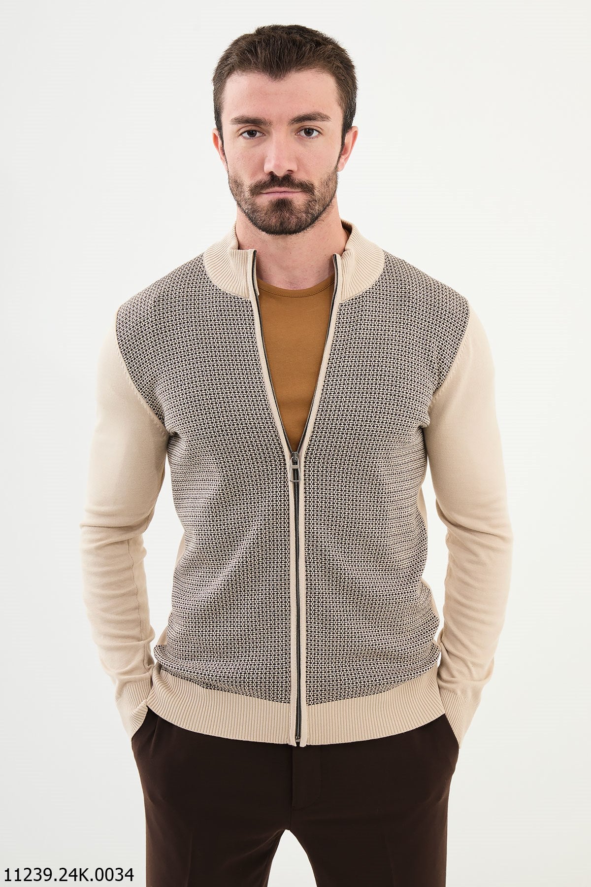 Bojoni Chicago Slim Fit Beige Knitwear Zipper Sweater