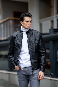 Bojoni Omaha Slim Fit Black  Leather Wrined Jacket