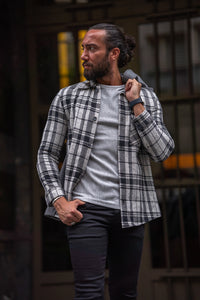 Bojoni Matera Slim Fit Gray  Striped Lumberjack Shirt