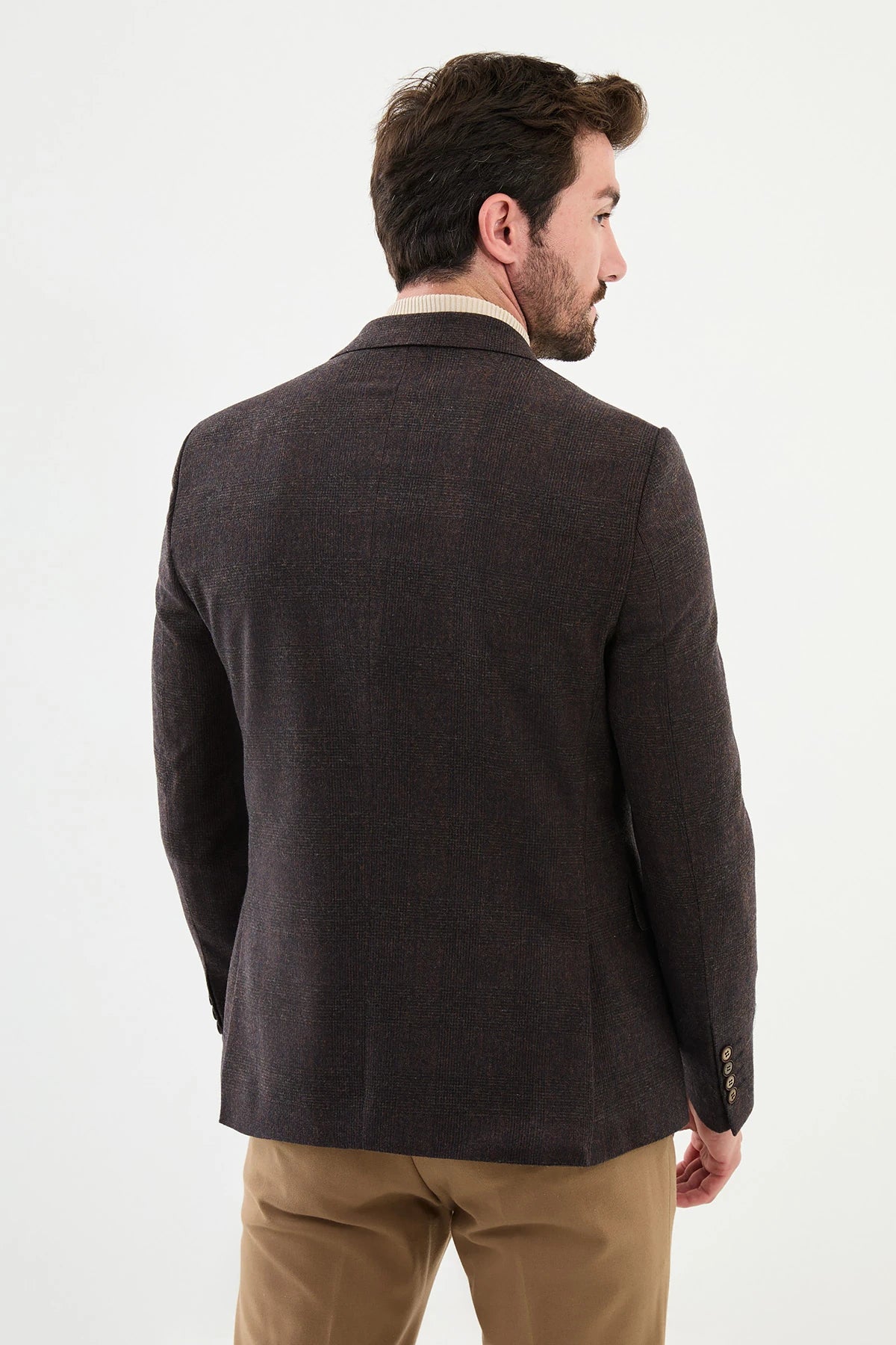 Bojoni Capena Plaid Slim Fit Mono Collar Classic Wool Brown Blazer