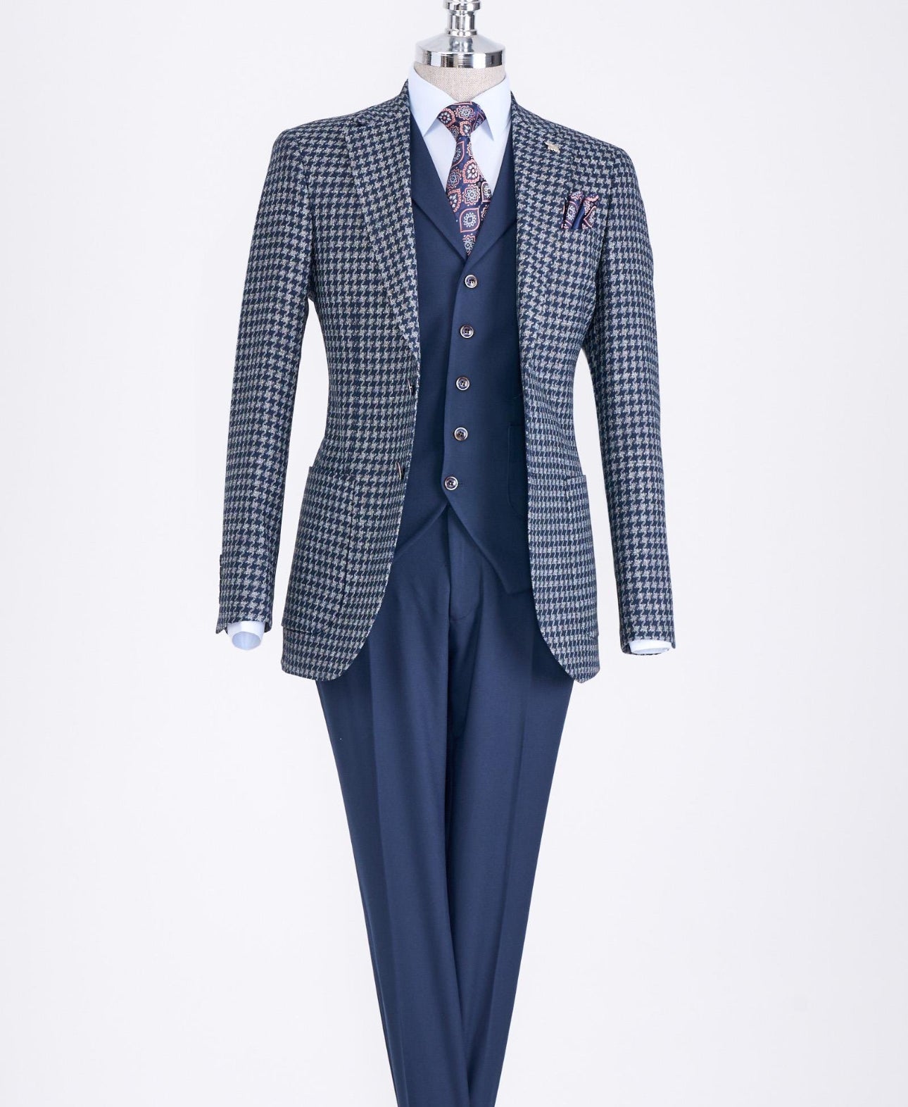 Bojoni Chicago Slim Fit Checked Navy Blue Suit