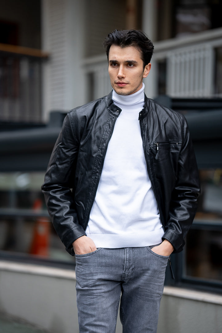 Bojoni Omaha Slim Fit Black  Leather Wrined Jacket