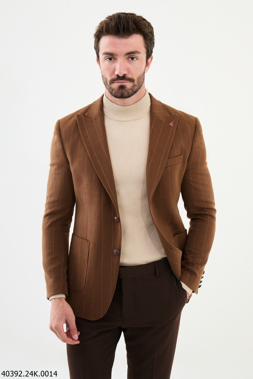 Bojoni Belmonte Slim Fit Camel Striped Blazer