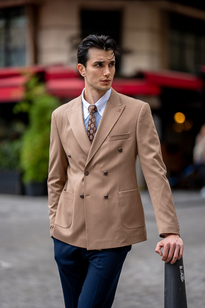 Bojoni Omaha Slim Fit Beige Double Breasted Blazer