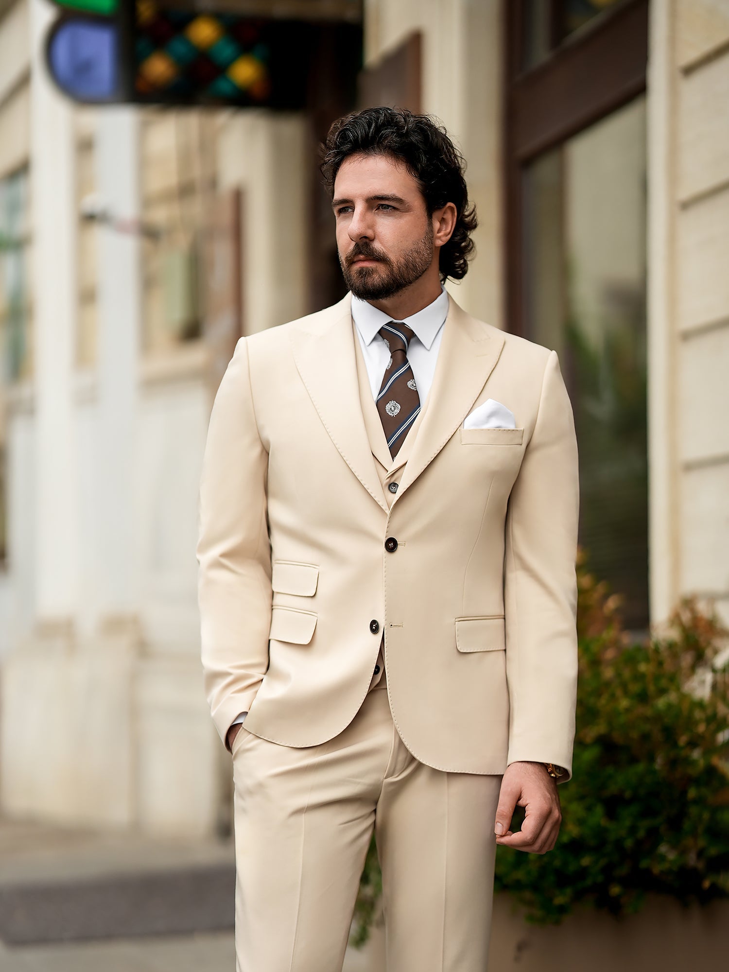 Beige Slim-Fit Suit 3-Piece