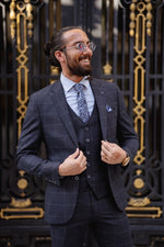 Load image into Gallery viewer, Bojoni  Matera Navy Blue Slim Fit Notch Lapel 3 Piece Check Suit
