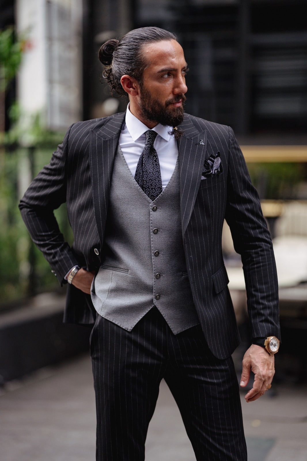 Bojoni  Matera Black Slim Fit Pinstripe Combination Suit
