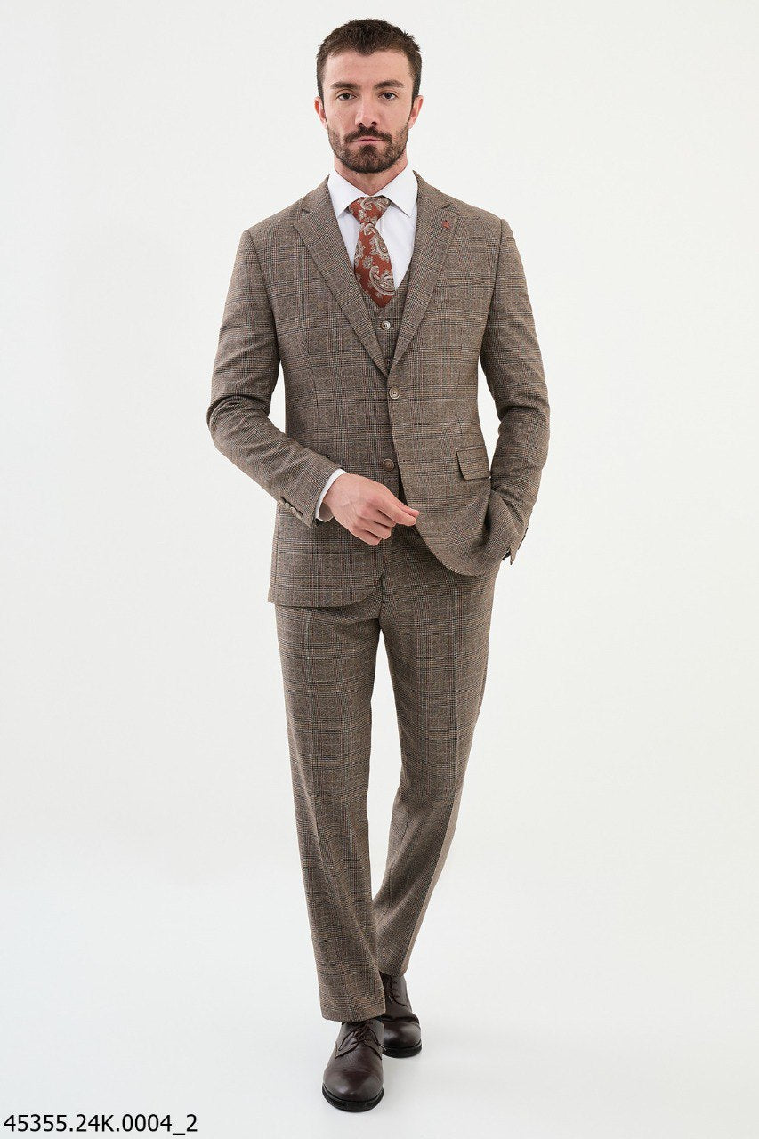 Bojoni Belmonte Camel Plaid Patterned Slim Fit Suit