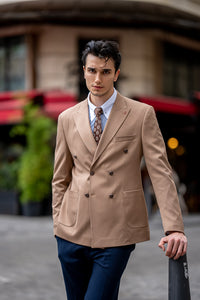 Bojoni Omaha Slim Fit Beige Double Breasted Blazer